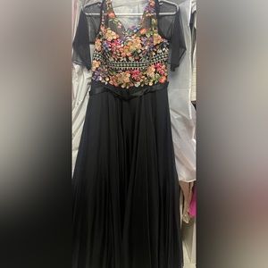 sherri hill prom dress black and pink embroidered Mexican flower formal dress